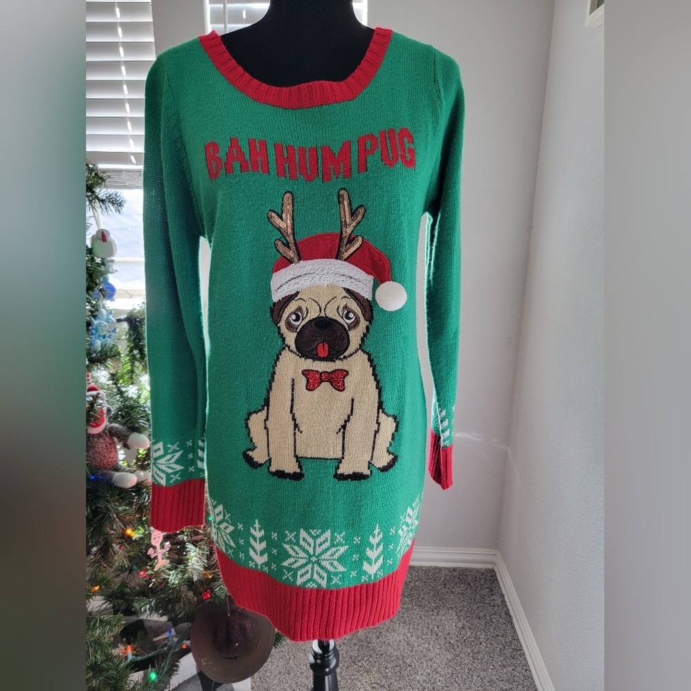 Christmas Sweater Dress * Bah Hum Pug Size Medium Long Sleeve